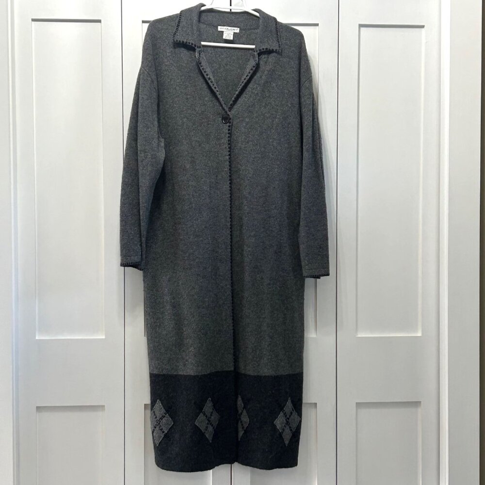 Long Grey Wool Cardigan Sweater With Collar & Button Closure By Jillian Jones